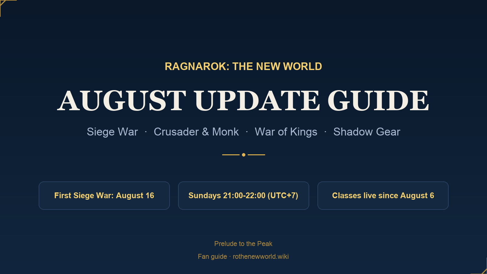 Ragnarok: The New World August update guide banner: Siege War, Crusader and Monk, War of Kings, Shadow Gear; first Siege War August 16, Sundays 21:00-22:00 UTC+7